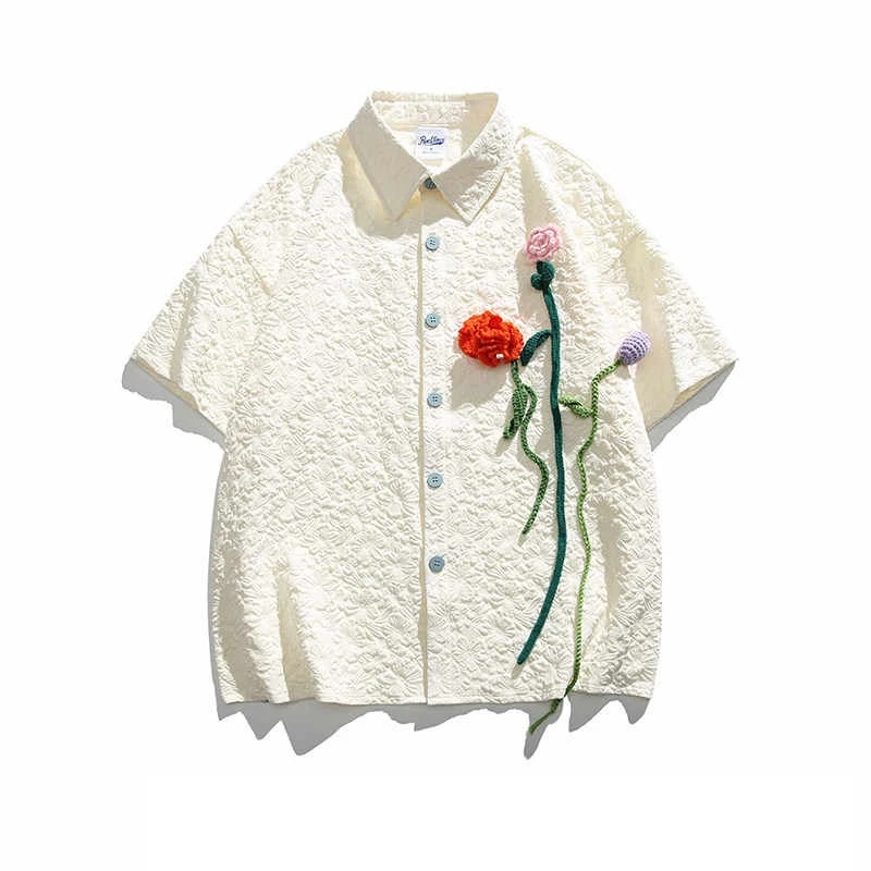 Retro Loose Japanese Print Cuban Collar Hawaiian Beach Short Sleeved Shirt Men's Flower Embroidered Couple Shirt
