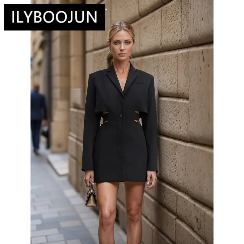 

ILYBOOJUN Solid Hollow Out Blazer For Women Notched Collar Long Sleeve Tunic Patchwork Button Elegant Blazers Female Fashion