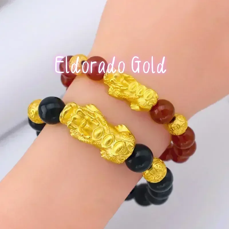 Eldorado Gold  Pusela people 24 real gold 999 Pixiu obsidian red agate AU750 bracelet transfer bead chain 18K male and female hu