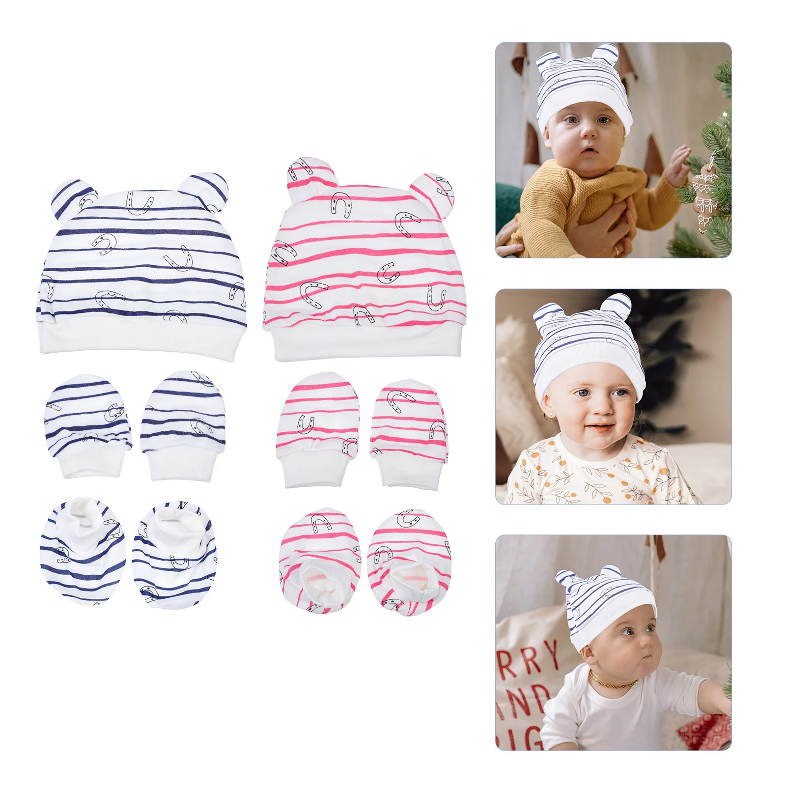 

2Sets Baby Hats Gloves Kit Cotton Anti-Scratch Hand Covers Newborn Breathable Lightweight Protection Cotton Hats Gloves Kit