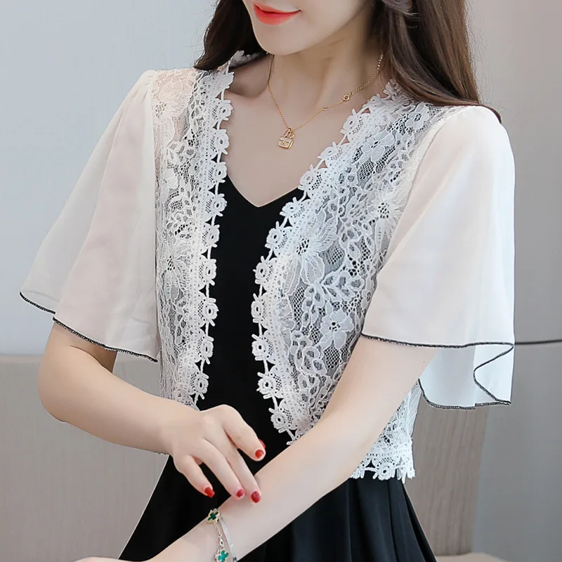 #5374 Black White Chiffon Jacket Women Short Kimono Irregular Jacket Split Joint Lace Perspective Coat Outerwear Womens Thin