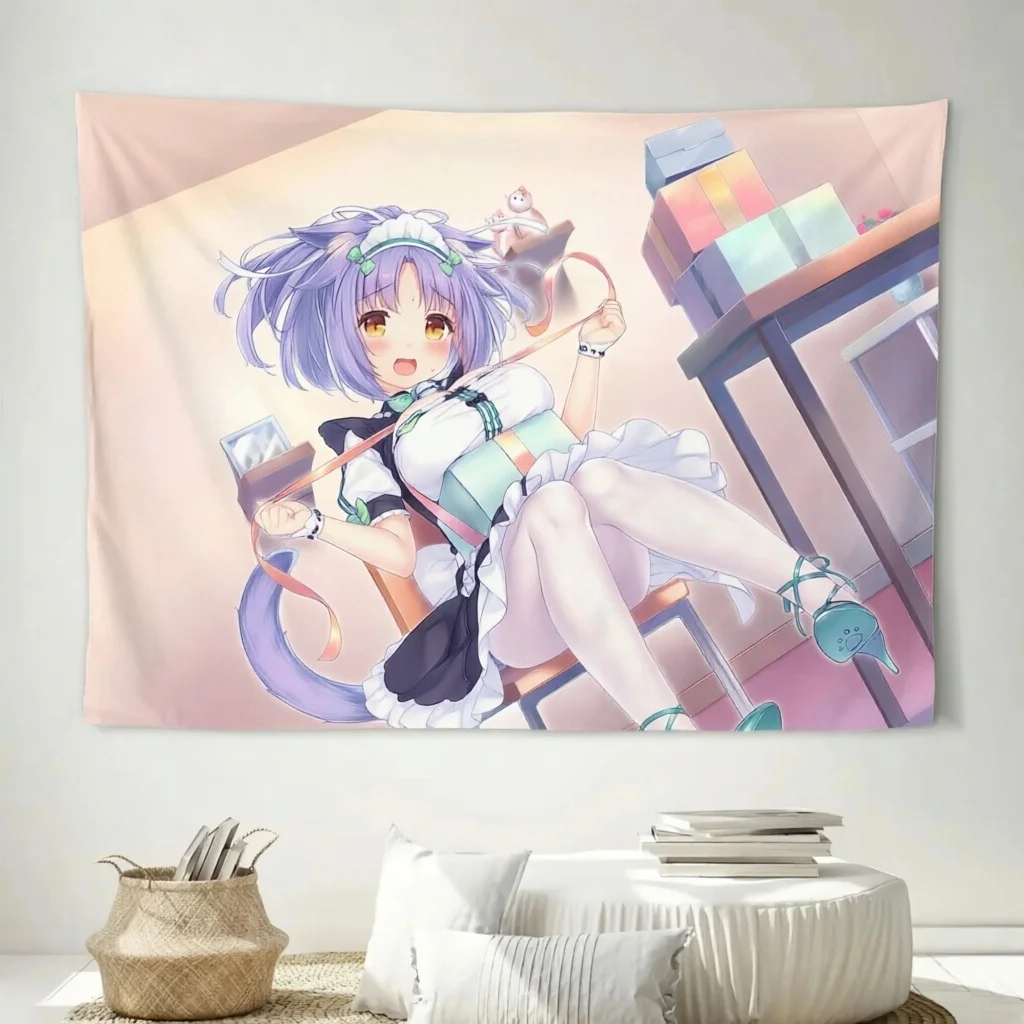 Nekopara Cinnamon Kawaii Tapestry Purple Hair Maid Cat Girl Gift Box Anime Wall Hanging Teen Girls Dorm Gaming Bedroom Decor Gif