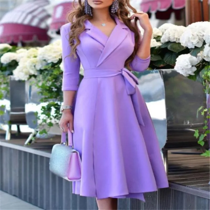 Vestido Midi de mujer con cinturón y manga de siete puntos con patrón Floral y cuello de traje a la moda, fibra de poliéster para primavera y verano para OL