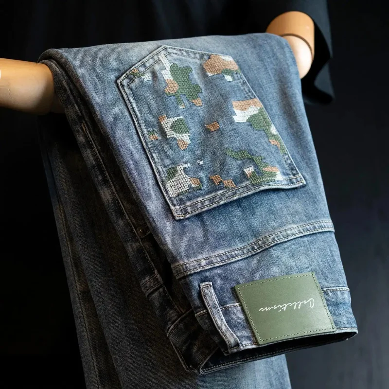 

2026 Spring New American Style Camo Print Men's Jeans, Slim Fit Skinny Denim Pants, Vintage Design with a Worn Look, Versatile F