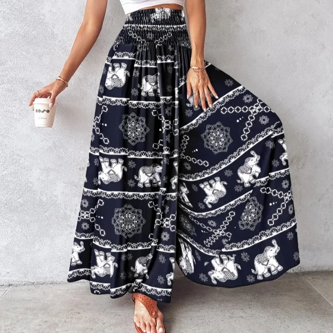 

Herfst Dames Kleding Women Bohemian Pant Printed Elastic Waist Extra Large Loose Wide-leg Trousers Pantalon De Vestir Para Mujer