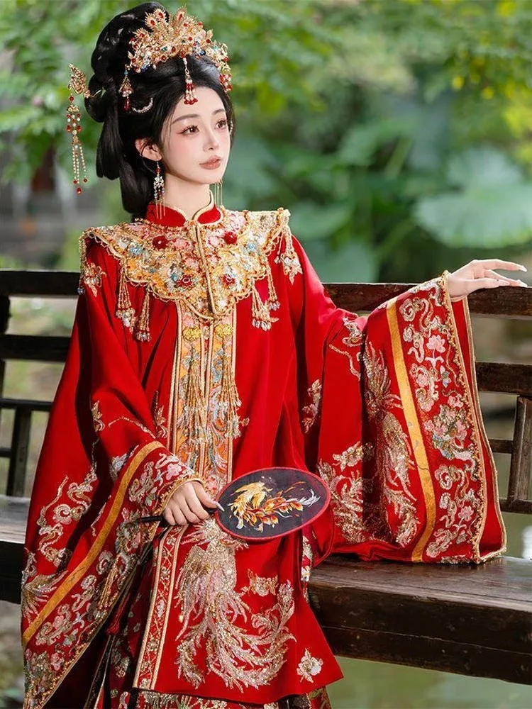 Hanfu wedding dress Chinese-style attire small phoenix crown red cape skirt