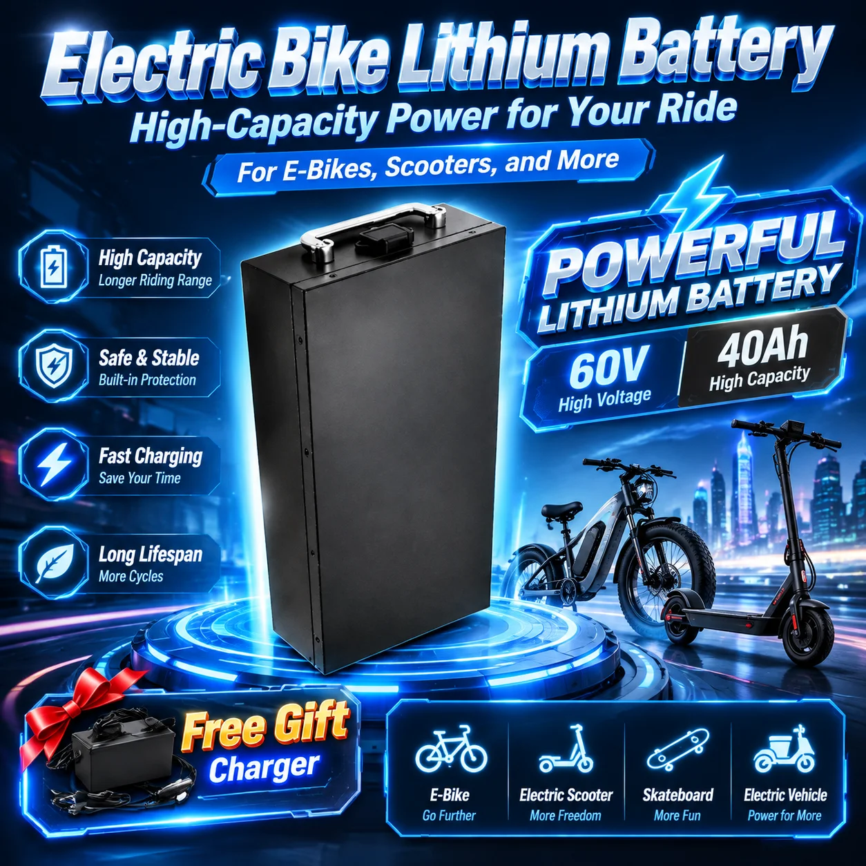 60V 40Ah Lithium-Ionen-Akku für Elektromotorräder, Hochleistungsakku für 2000W Motor, geeignet für Harley-ähnliche klappbare Citycoco Elektroroller, inklusive passendem Ladegerät.