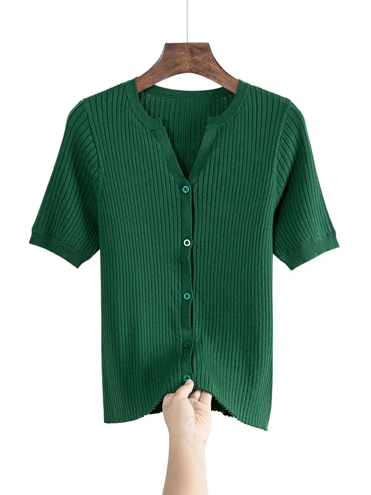 High-end Green V-neck Knitted Sweater for Women 2024 new Summer outfit French light mature style Slimming Short Sleeve Top