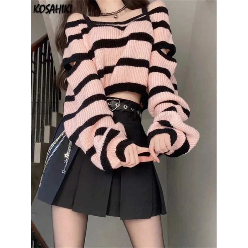 Y2k Aesthetic Harajuku Women Cropped Sweater Fashion Striped Loose Pull Femme Off Shoulder Casual Grunge Knitted Chandails