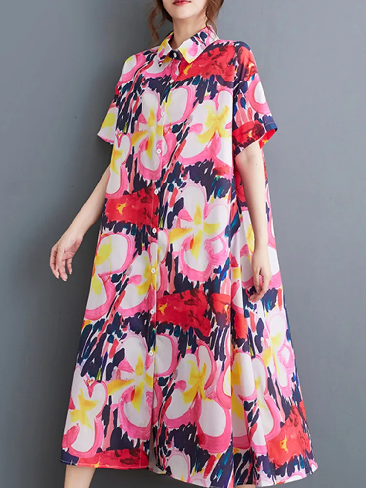 #3902 Summer Vintage Flower Printed A-line Midi Dress Women Turn-down Collar Ladies Dresses Short Sleeve Loose Korean Fashion