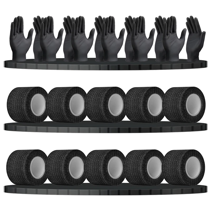 

12pcs Disposable Waterproof Black Nitrile Gloves With 10pcs 3.8CM/1.52in Tattoo Grip Tape Non-woven Bandage Tattoo Accessory Kit