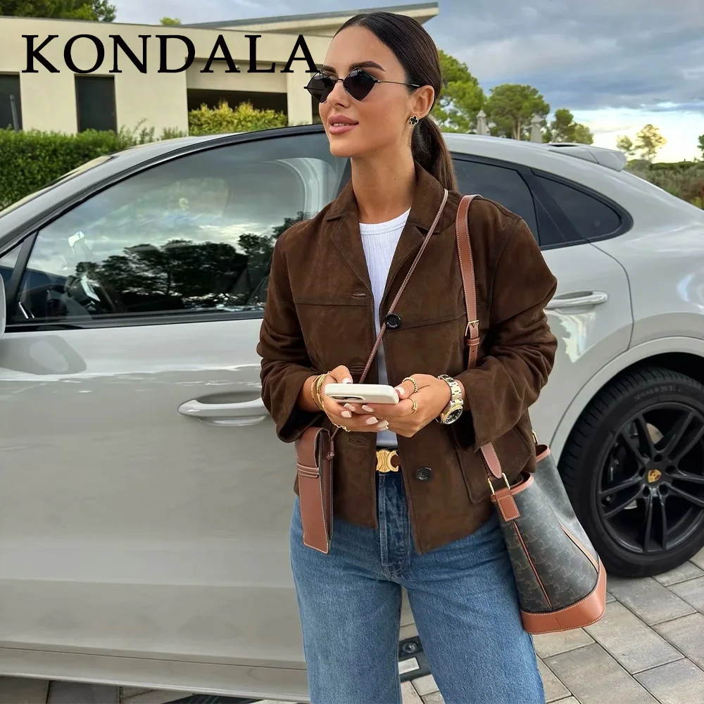 

KONDALA 2025 Fall Winter Vintage Brown Women Jackets Fashion Casual Solid Spliced Pockets Single Breasted Chic Ladies Jackets