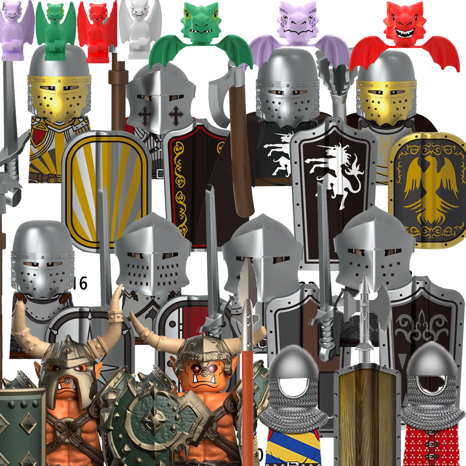 Accesorios de bloques de construcción medievales, castillos MOC, caballeros de dragón, soldados del ejército, cascos de guerrero, escudos, armaduras, hachas, juguete para regalo S038
