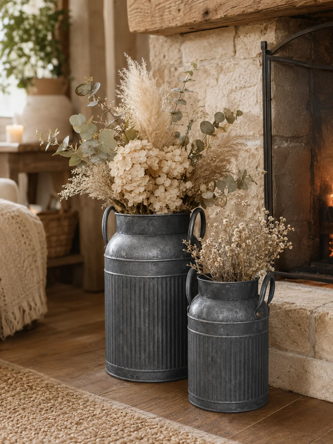 2Pcs Vintage Metal Milk Can Vase Set, Rustic Galvanized Flower Bucket Planter with Handles, Farmhouse Wedding Garden Home Decor