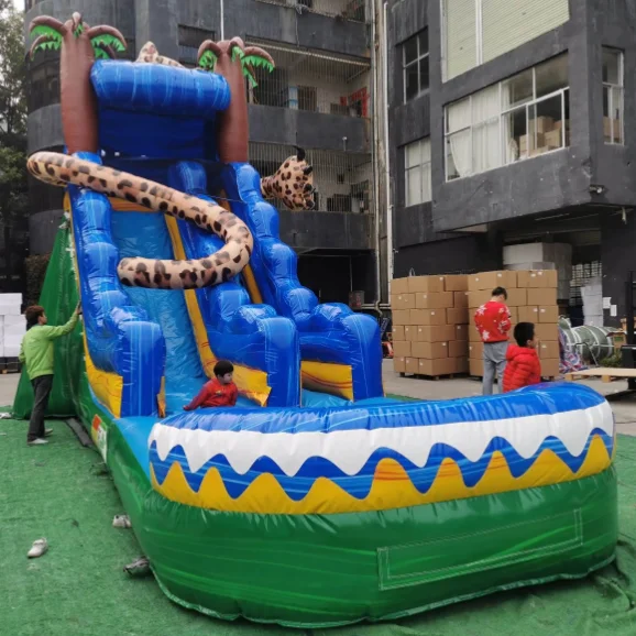 Hot Sale Tropical Blue Inflatable Pool Slide Kids Palm Tree Theme Inflatable Dual lane Water Slide with Pool