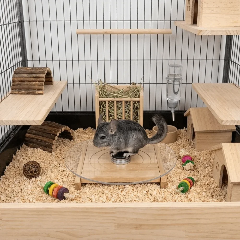 Glass Hamster Running Wheel Silent Stable Chinchilla Running Plate Long-Lasting with Wood Base Small Animal Health Runner
