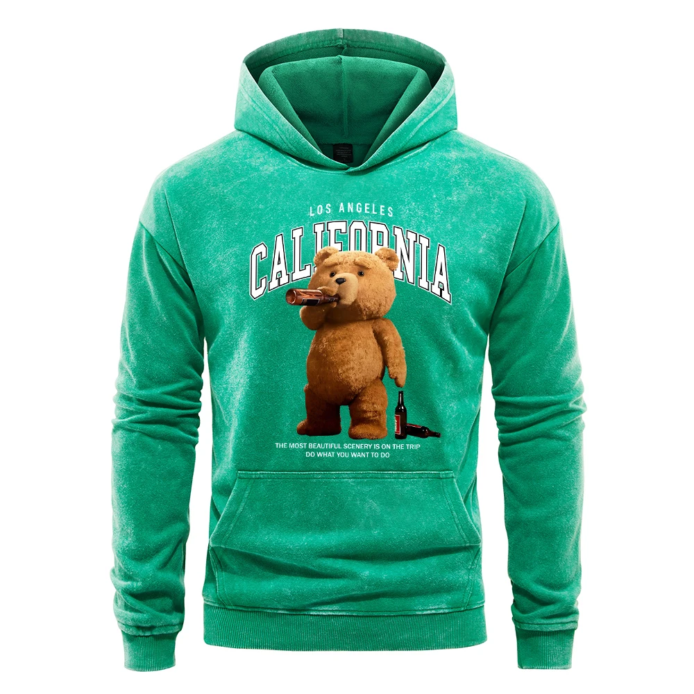 A Bear Drinking Beer Kawaii Prints Washed Hoodie Men Distressed All-Match Hoody Autumn Loose Hoodies Cotton Pocket Pullovers