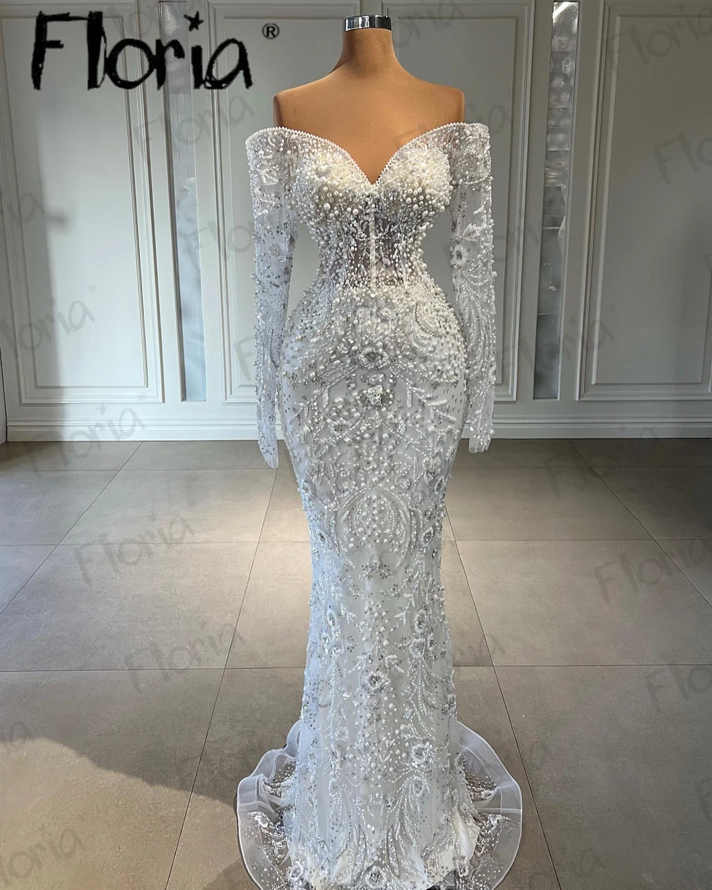 Perle bianche di lusso con spalle scoperte perline abito da sera a sirena abiti da festa di nozze lunghezza del pavimento Robe De Soiree Vestido De Noiva