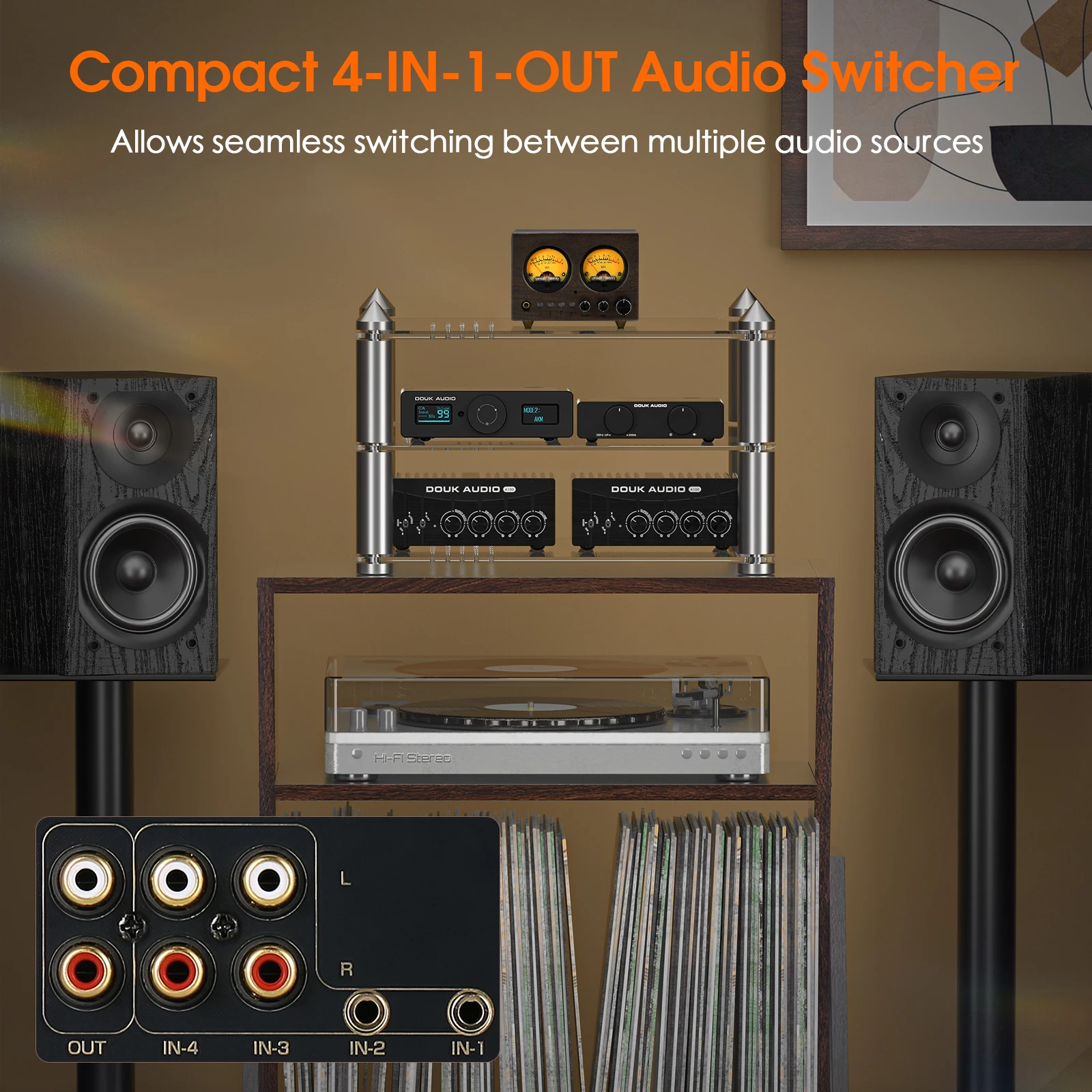 Douk Audio VU1-W Switcher de áudio de 4 vias 4 em 1-OUT Pré-amplificador estéreo Seletor doméstico Medidor VU com controle remoto