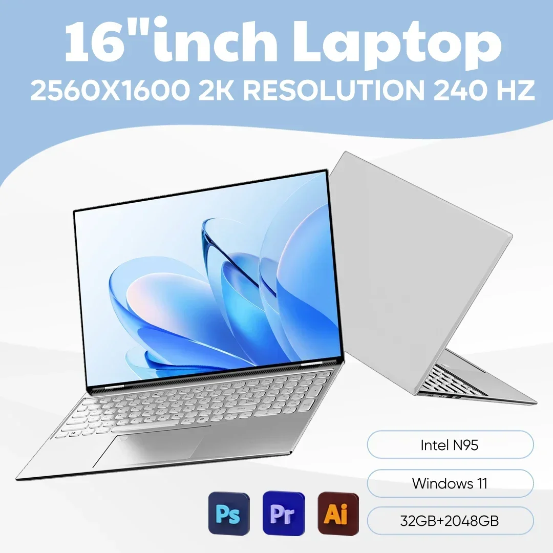 New Brand 16" Inch 2K Laptop, 240 Hz Ultra-clear Screen, Windows 11 Pro Portable PC Gaming Notebooks 32GB 2TB Fingerprint Unlock