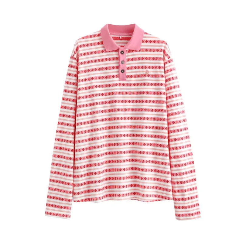 

Early Autumn Polo Striped Color Matching Loose Casual Long Sleeve T-shirt