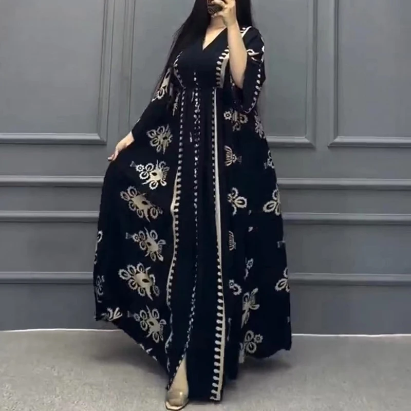 Autumn 3/4 Sleeve Loose Muslim Dress Woman Vintage Pattern Print Robe Party Dress Spring V Neck Lace-up Maxi Long Dress Vestidos