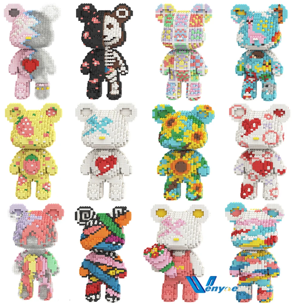 

Colorful Bear Mini Brick Art Painting Eternal Heart Bouquet Bear Ornament Building Blocks DIY Assembly for Birthday Home Decorat