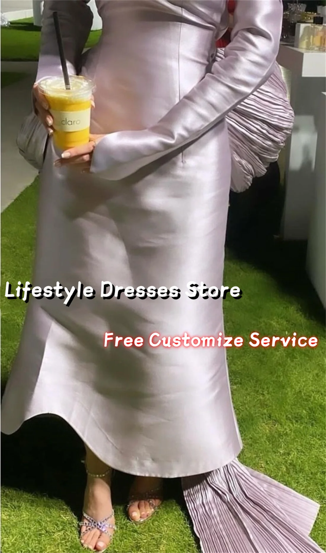 Round Neck Customized Long Sleeves Satin Evening Dresses Back Oversize Bow Prom Gown Wedding Party Dress Chic Formal Dress