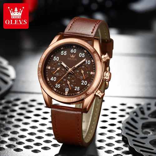OLEVS TY703, reloj de cuarzo exclusivo para hombre, correa de cuero de moda, cronógrafo clásico, calendario, reloj luminoso resistente al agua para hombre