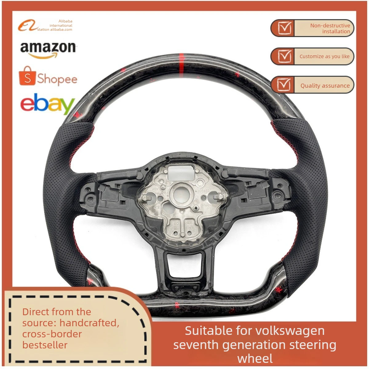 For Golf7 GTI Red Foil Carbon Fiber RLINE Sport Steering Wheel with Red Correcting Label with Block Cover