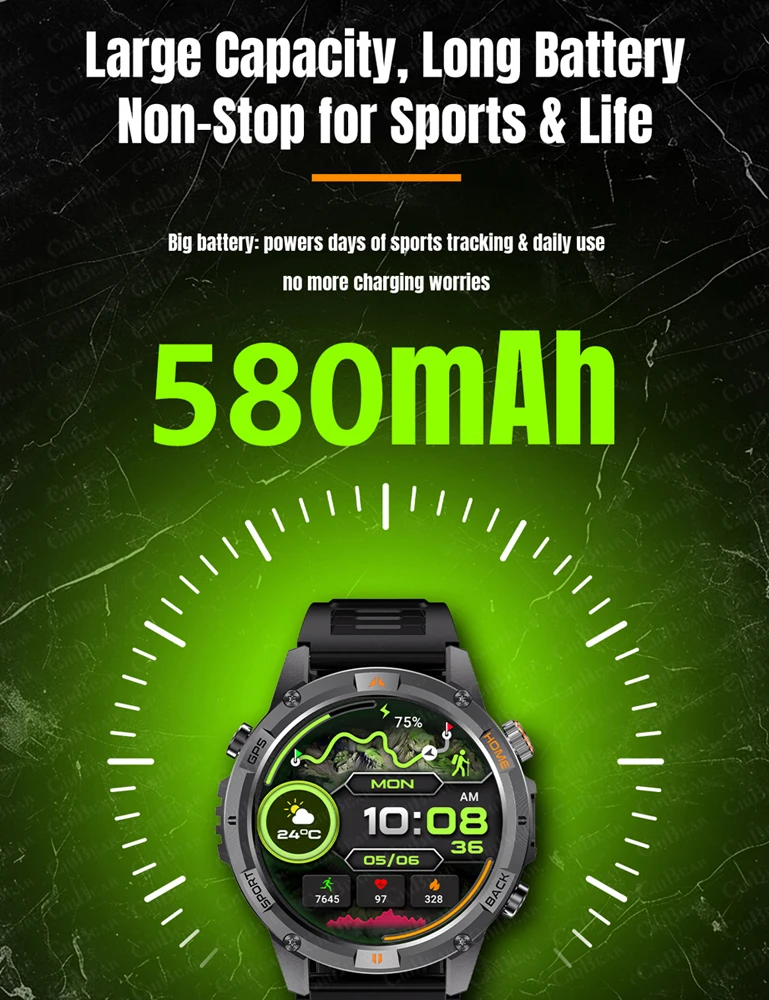 المدمج في نظام تحديد المواقع العسكرية في الهواء الطلق ساعة ذكية الرجال 580mAh بطارية البوصلة BT دعوة مصباح ليد جيب معدل ضربات القلب مقاوم للماء Smartwatch رجل