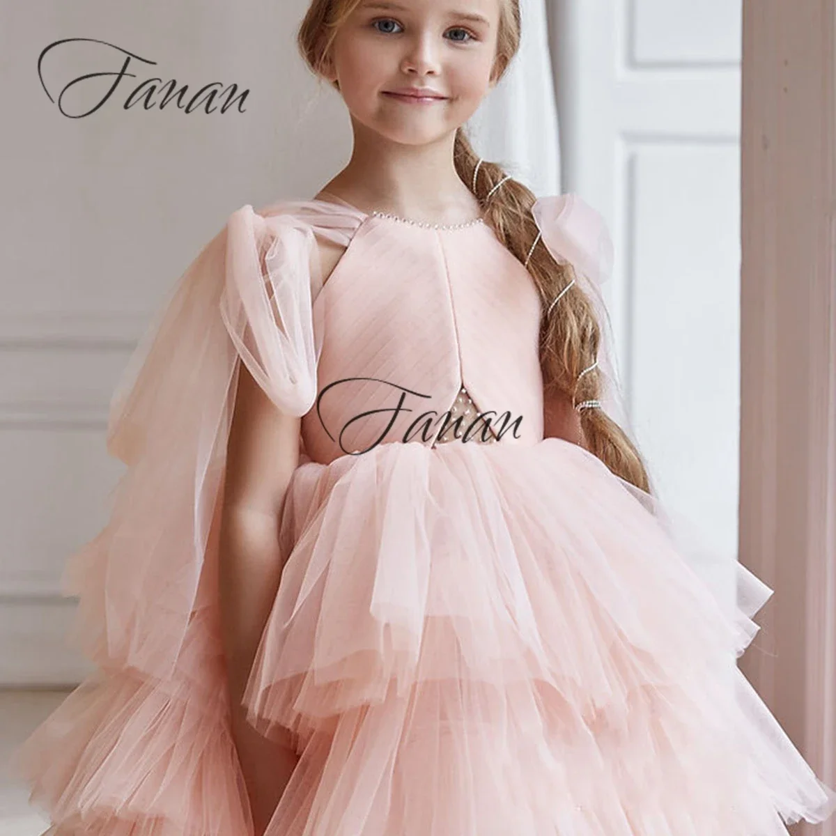 Pink Tiered Ruffles Tulle Flower Girl Dresses Kid For Wedding Party Birthday Dress With Long Train Beading High Low Evening Gown