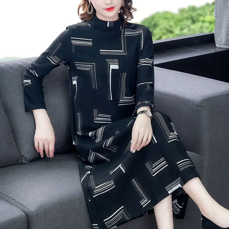 Women's Autumn Winter Fashion Simple Half High Neck Geometric 3D Versatile Long Sleeved Loose Plush Thickened Mid Length Dress