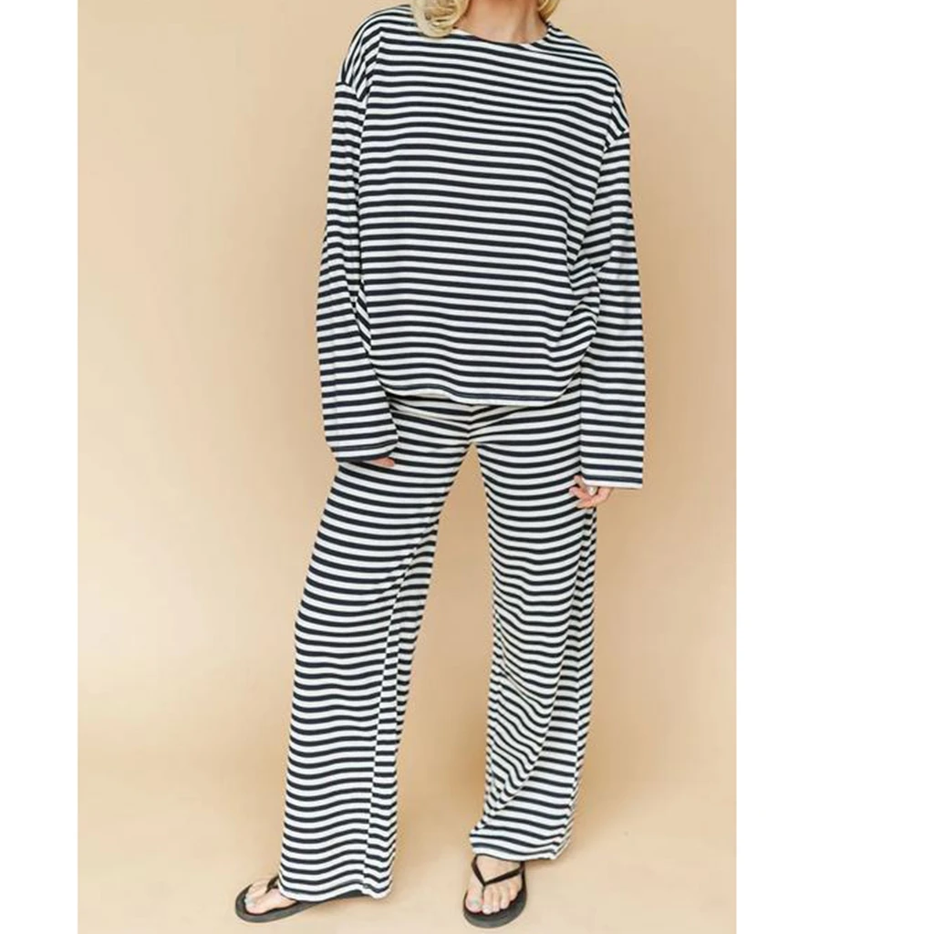 

Comfortable Pajama Sets Women's 2 Piece Lounge Set Long Sleeve Round Neck Striped Tops Wide Leg Pants Sleepwear