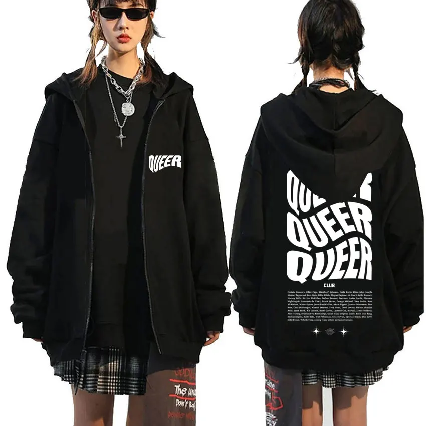 Queer Club Zipper Hoodie Men Women Fashion Oversized Unisex Funny Meme LGBTQ Zip Up Jacket Male Joke Humor Zip Up Sweatshirts