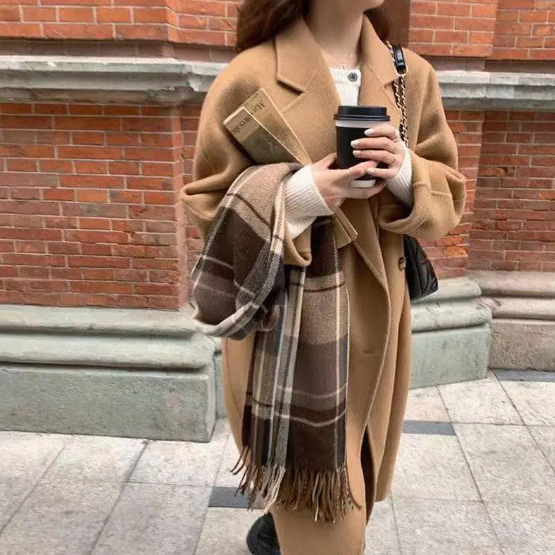 2024 Autumn/Winter New Women\'s Woolen Coat Loose Commuter Casual Splice Oversize Double Sided Woolen Coat