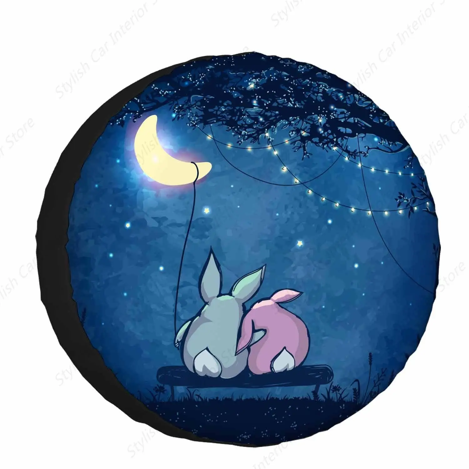 Cute Rabbits Couple Spare Tire Cover Hugging Under Magical Tree Polyester Universal Wheel Tire Cover for Trailer Camping