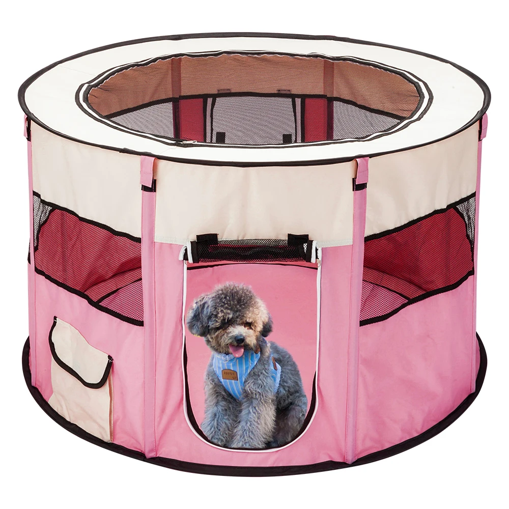 Diameter 40In Circular Play Pen Portable Foldable 600D Oxford Cloth&Mesh Pet Playpen Fence with 8 Panels Zipper Door Pink/Black