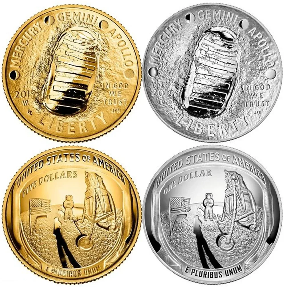 2pcs Mission Apollo11 Moon Landing 50th anniversary Souvenir Coinon The Moon Challenge Coin US Silver Plated Commemorative Coin