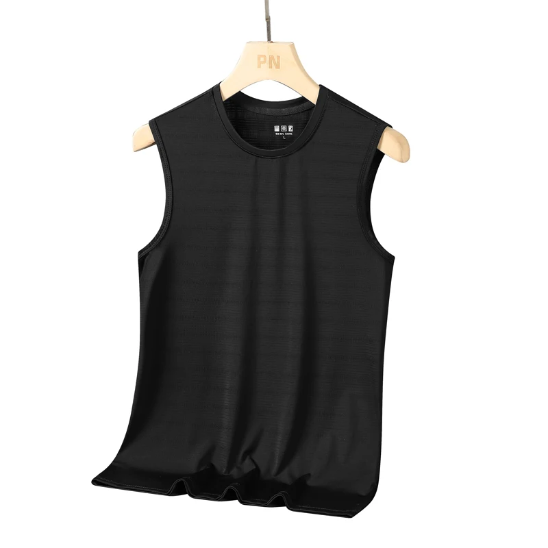 ฤดูร้อนใหม่คุณภาพสูงผ้าไหมน้ําแข็งแห้งเร็วรอบคอ Camisole เสื้อยืดกีฬากลางแจ้งผู้ชายแขนกุด