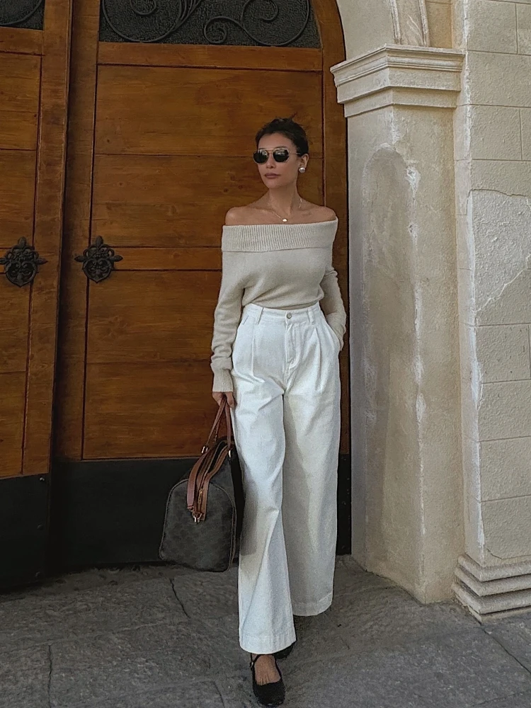 

Unique Folded High Waist Thiened Fce Workwear Denim Pants Straight Leg Bootcut Jeans Red And Rice White for Festive Occa...