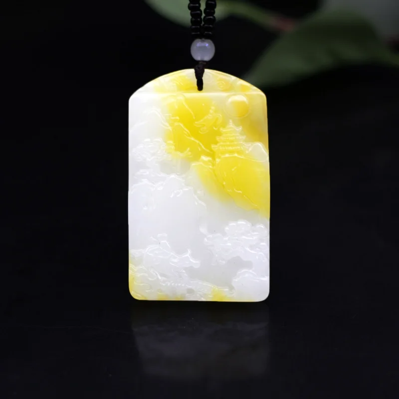 

Yellow White Jade Scenery Pendant Necklace Chinese Fashion Charm Jewelry Natural Jadeite Carved Amulet Lucky Gifts for Women Men