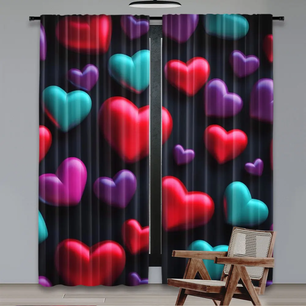 2Pcs Red Blue And Purple Heart Curtains Personalized Funny Curtains Suitable For Dormitories Living Rooms Bedrooms A