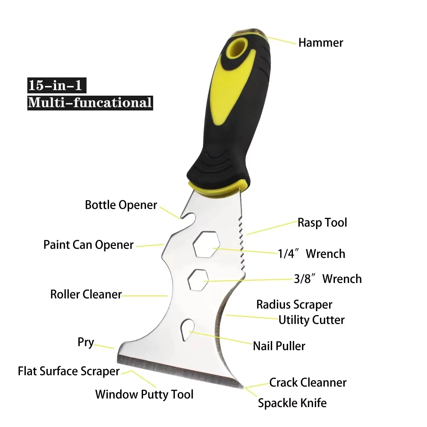 

15-in-1 Multi-Use Putty Knife Stainless Steel Paint Scraper Construction Tool with Wallpaper Removal And Can Opener for Home DIY