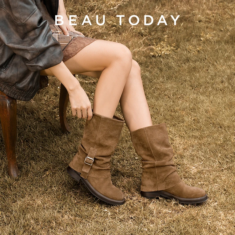 

BEAUTODAY Tube Boots Women Cow Suede Leather Solid Color Round Toe Buckle Decoration Slip-On Ruched Ladies Shoes Handmade 06169
