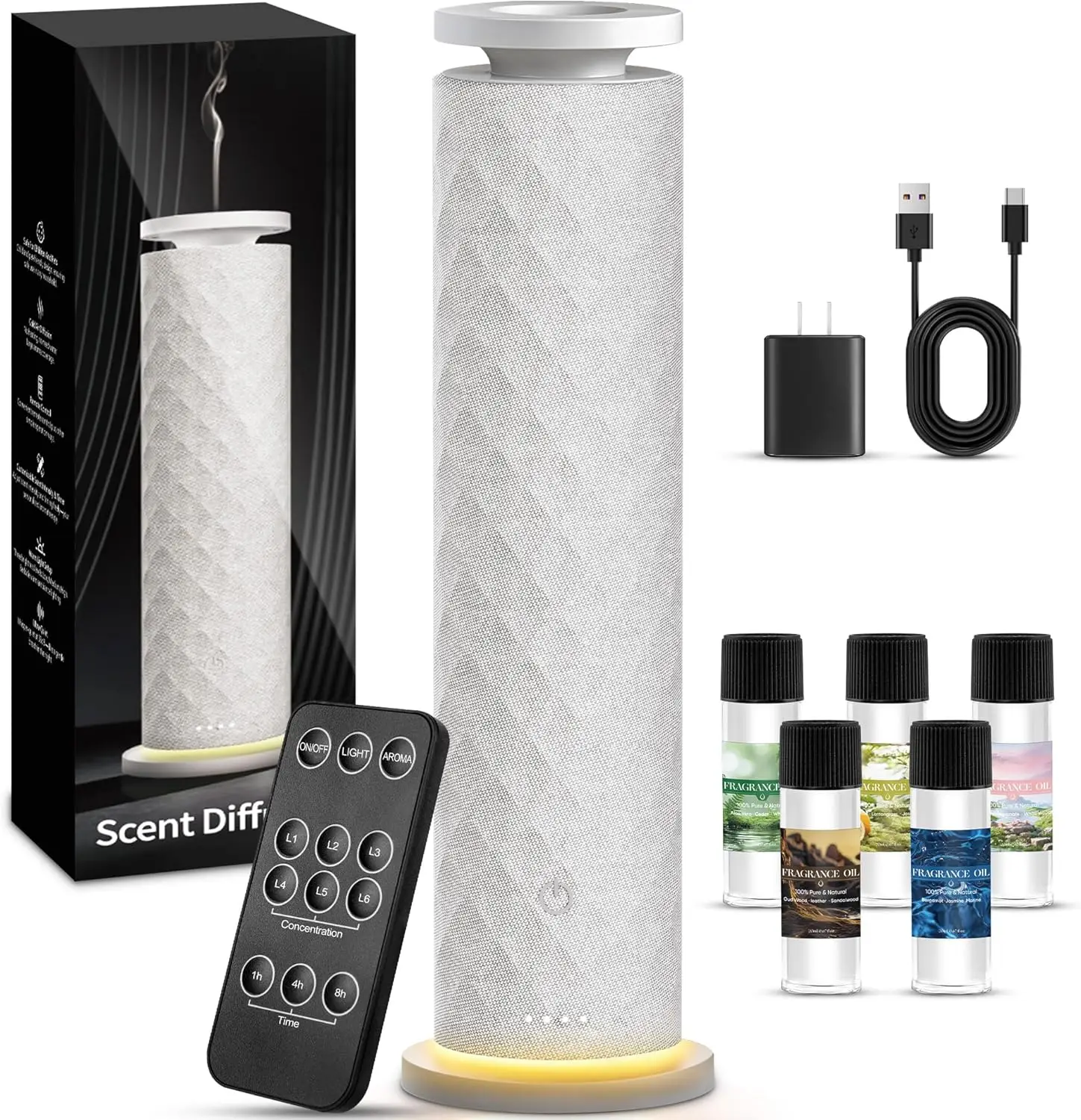 

Набор для ароматизации отелей - диффузор для помещений до 93 кв.м., 7 режимов освещения, включает 5 эфирных масел для ароматерапии, белый