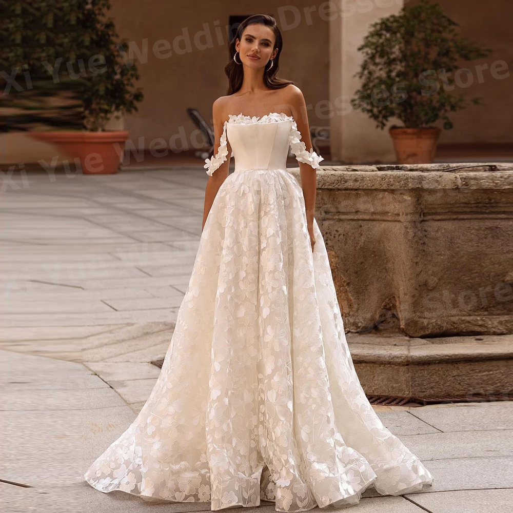 

Luxurious A Line Women's Wedding Dresses Appliques Lace Sleeveless Bride Gowns Customized Off Shoulder Vestidos De Novia Boda