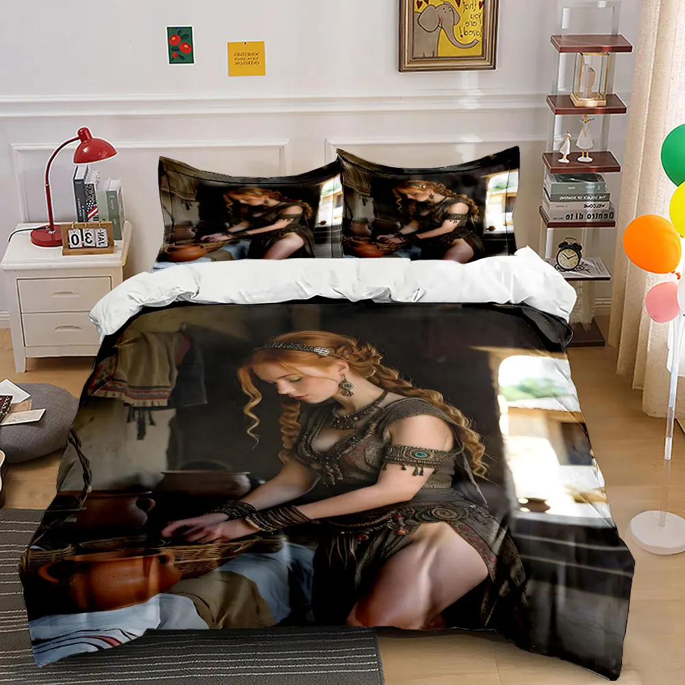 Red-haired woman weaving basket Print Bedding Set 1 Duvet Cover 2 Pillowcases for Adult and Children Luxury Gift Full Size