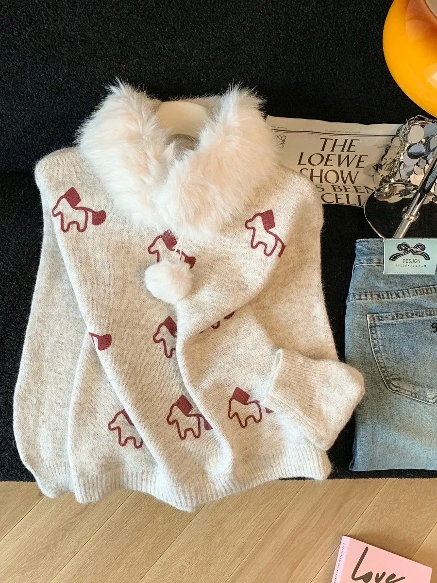 Suéter de punto con bonito diseño pequeño para mujer, Top de punto con cuello de piel desmontable suave y cálido para otoño e invierno