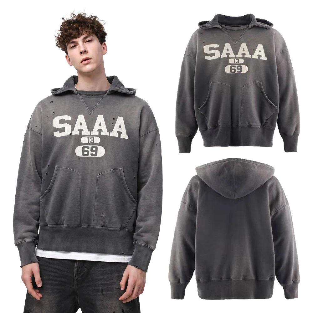 2000s Streetwear Retro Letter Printed Oversized Hoodies Hiphop Street Style Heavy Weight Cotton Distressed Ripped Casual Hoodies